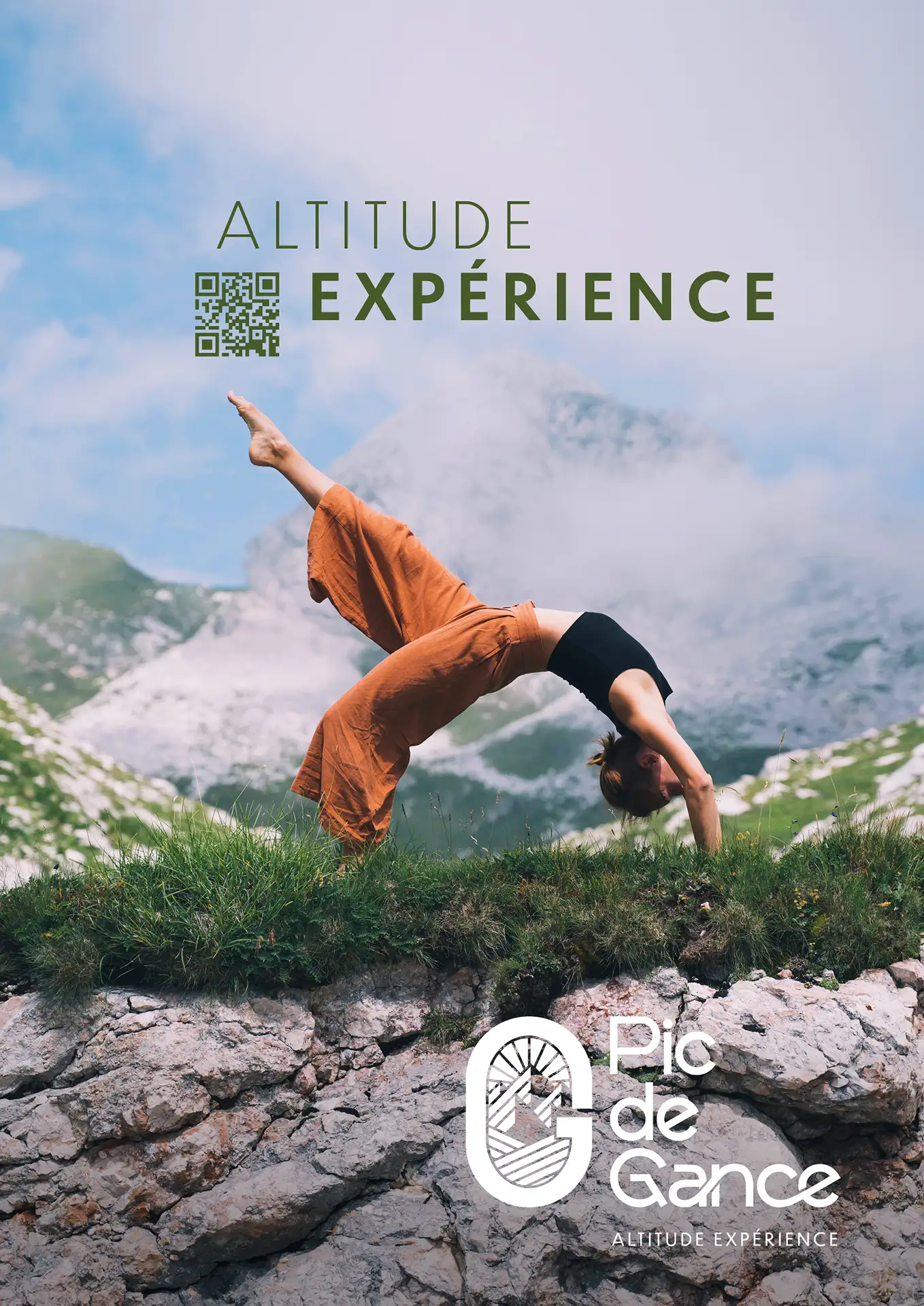 Affiche Pic de Gance Altitude Expérience, femme faisant du yoga en montagne