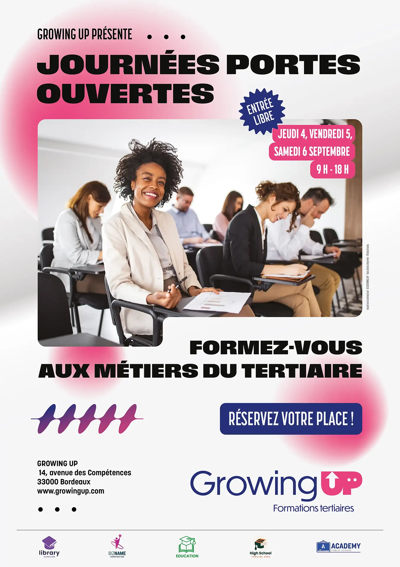Affiche des journées portes ouvertes Growing UP pour les métiers du tertiaire à Bordeaux