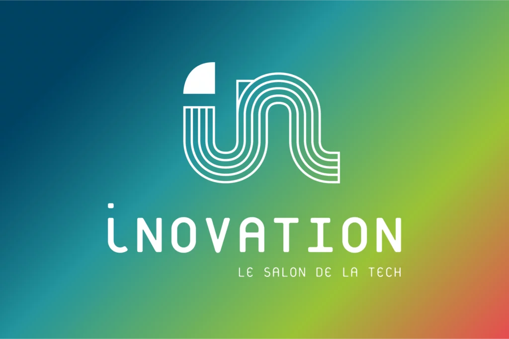 Logo iNovation en blanc avec fond dégradé arc-en-ciel, conçu par Nicolas Montis, designer UI/UX à Bordeaux