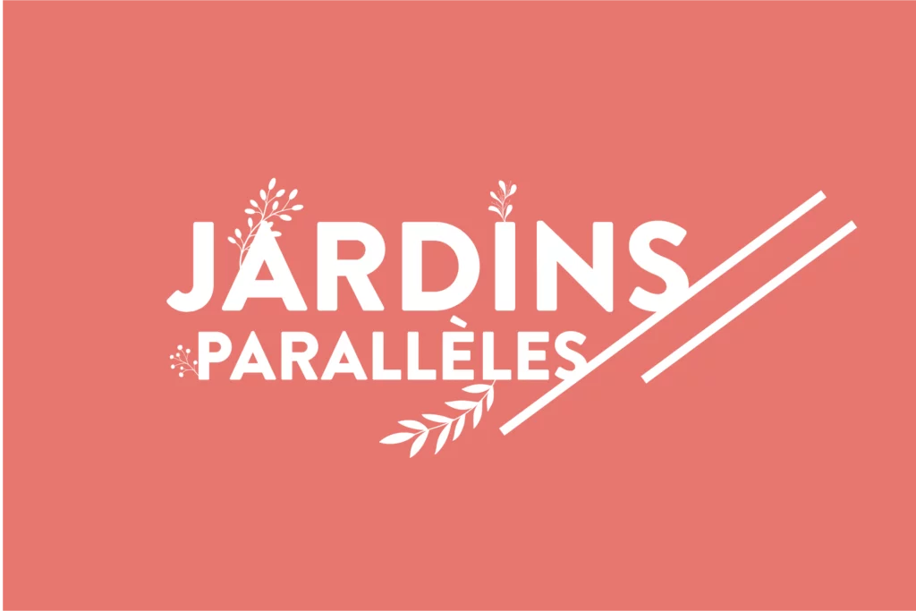 Logo Jardins Parallèles sur fond rose avec ornements végétaux
