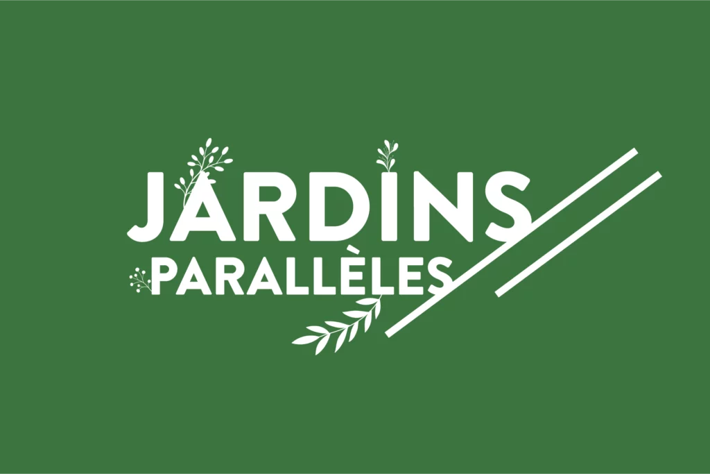 Logo Jardins Parallèles sur fond vert avec éléments botaniques