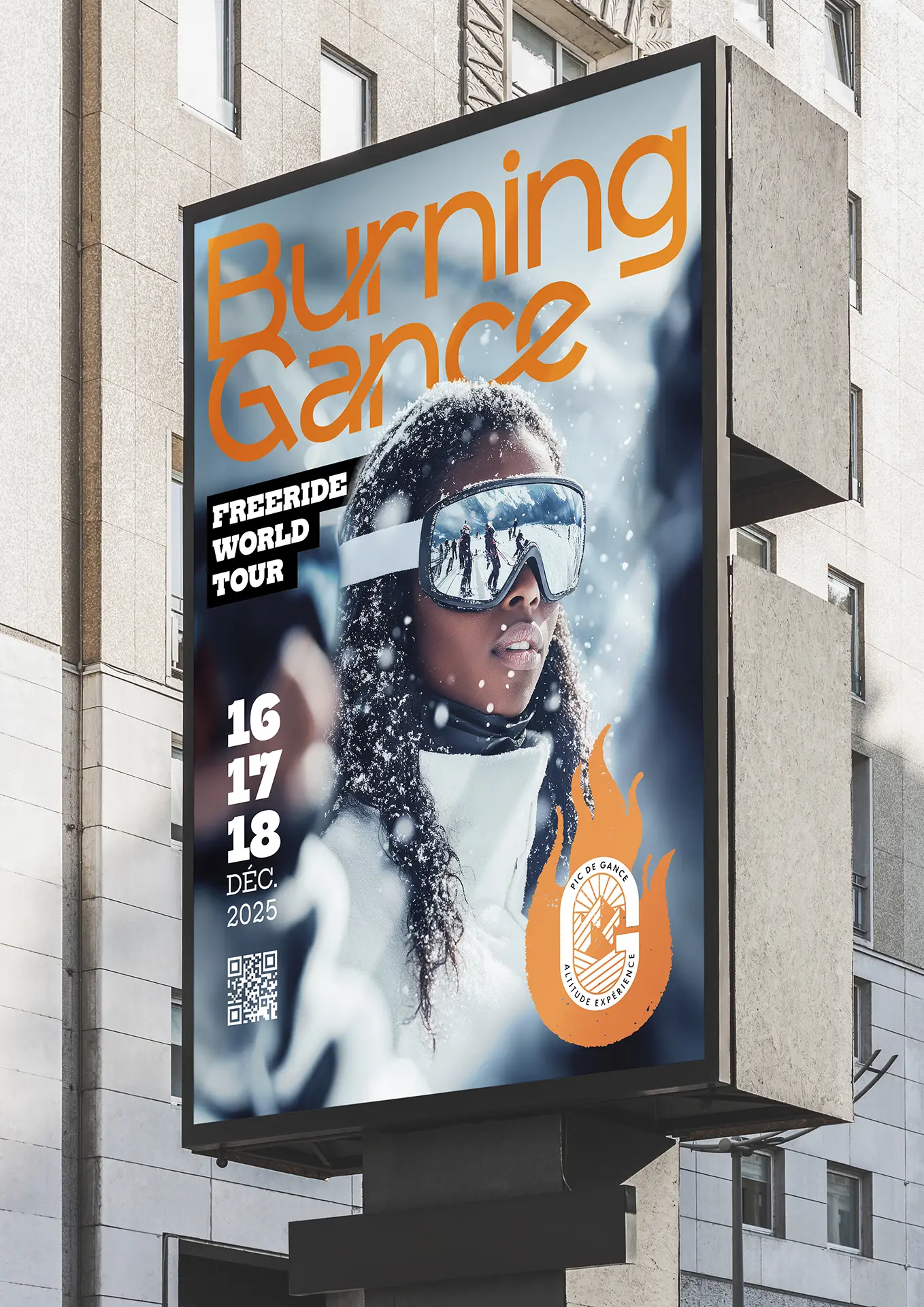 Mockup d’affiche Freeride World Tour Burning Gance sur panneau urbain