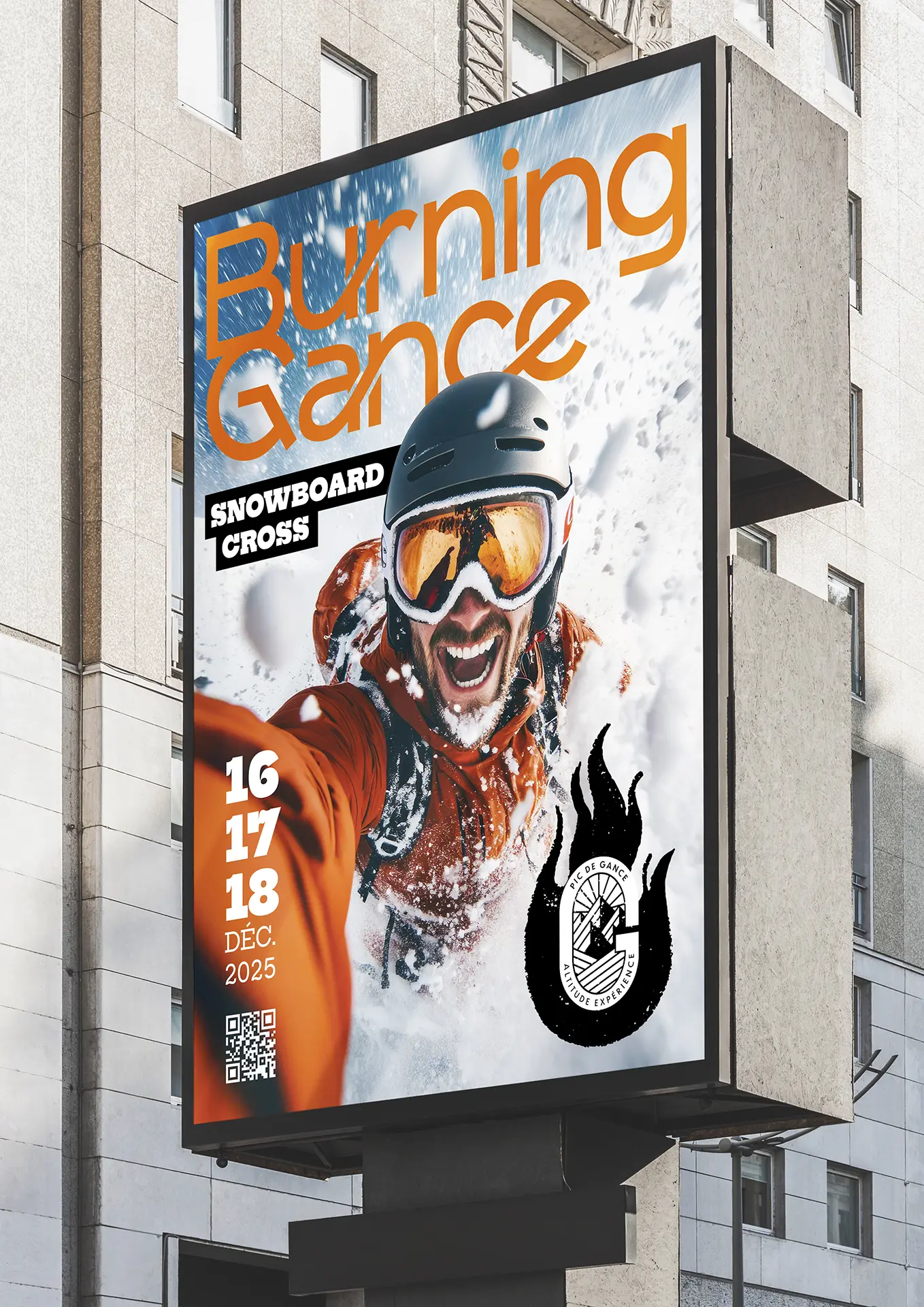 Mockup d’affiche Snowboard Cross Burning Gance sur panneau urbain