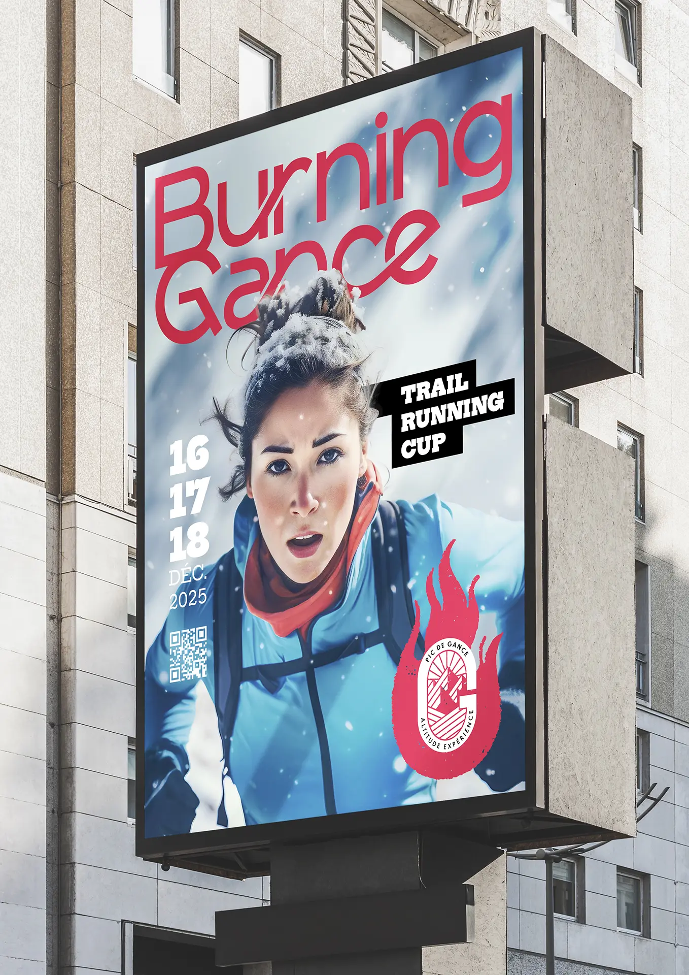 Mockup d’affiche Trail Running Cup Burning Gance sur panneau urbain, design par Nicolas Montis