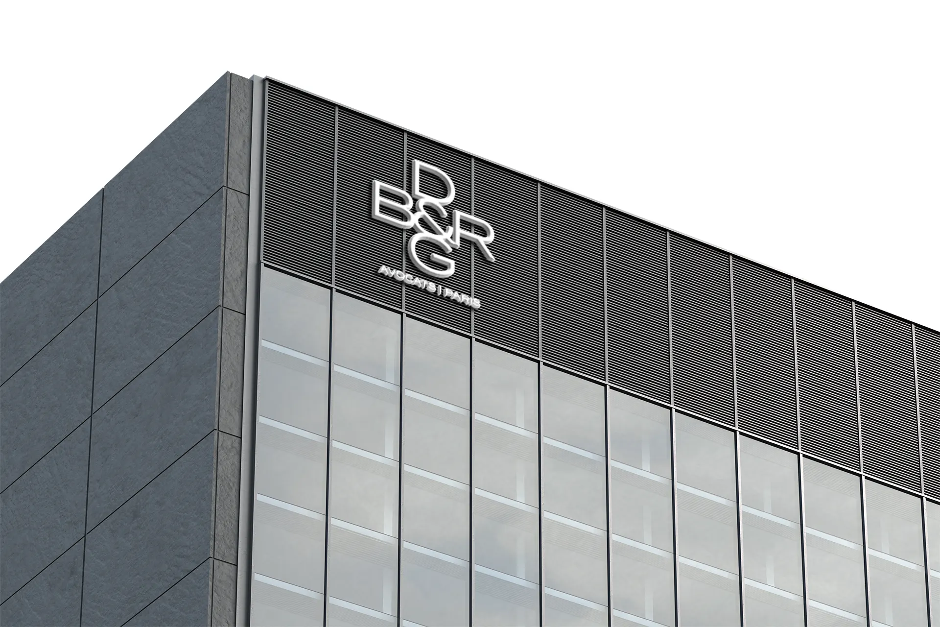 Logo BDRG affiché sur la façade d'un immeuble moderne, par Nicolas Montis, designer UI/UX à Bordeaux