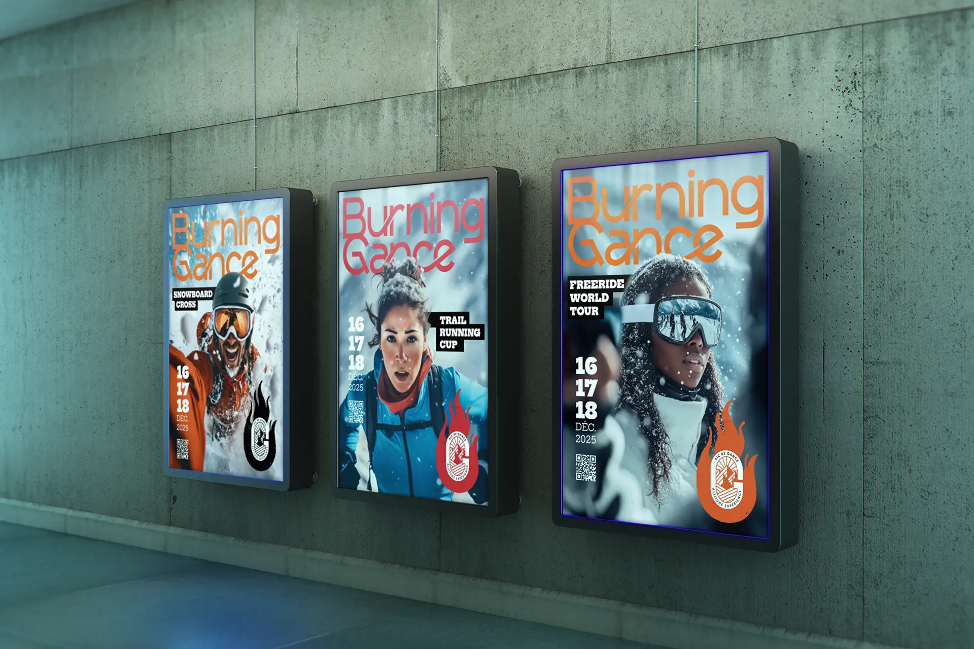 Trois affiches Burning Gance (snowboard, trail, freeride) en situation dans le métro