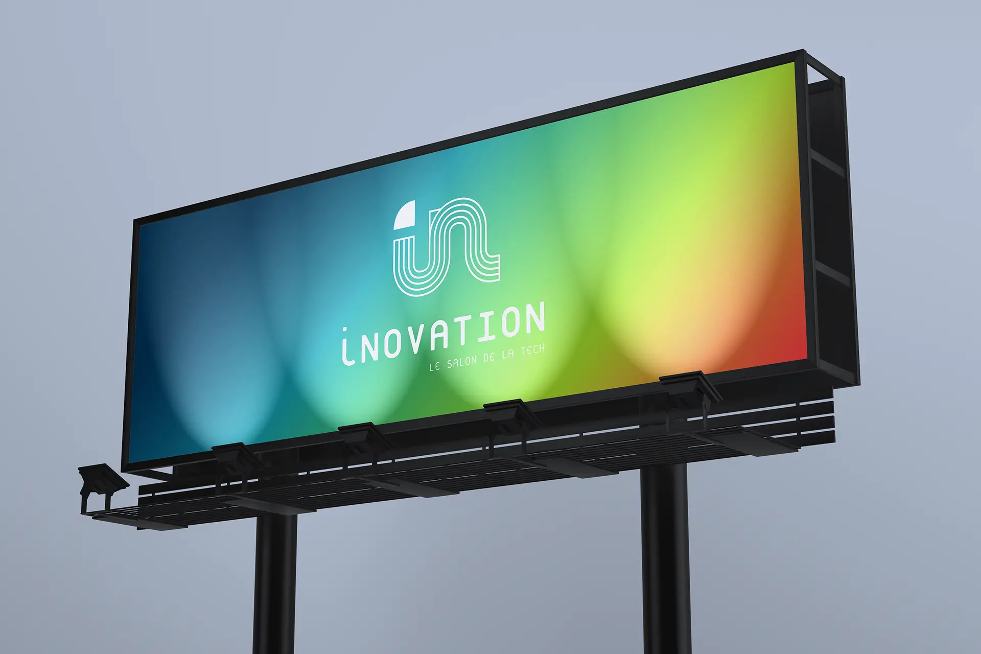 Mockup d’un panneau d'affichage extérieur avec logo iNovation, design par Nicolas Montis, UI/UX designer à Bordeaux