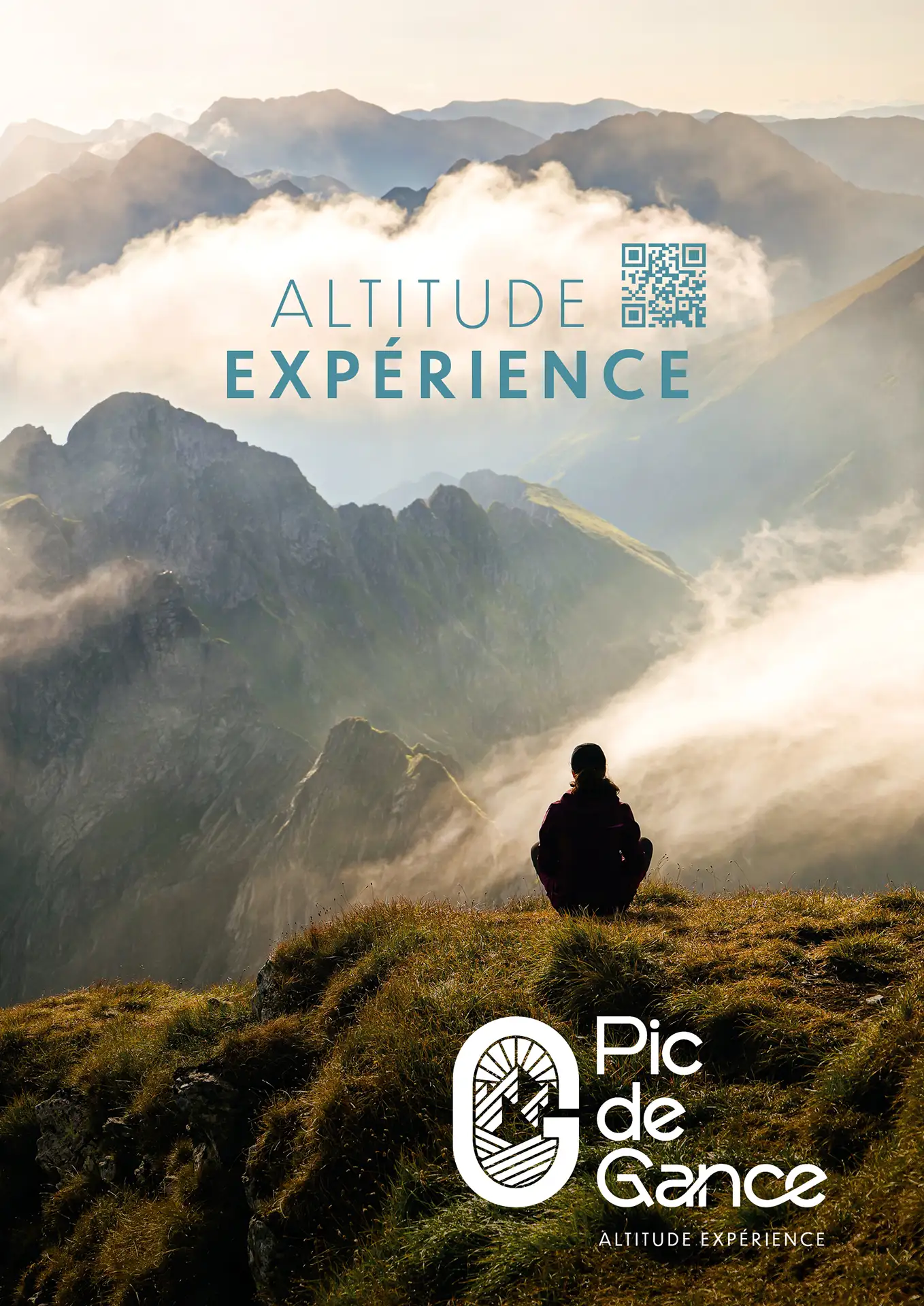 Affiche Pic de Gance Altitude Expérience, femme assise face aux montagnes