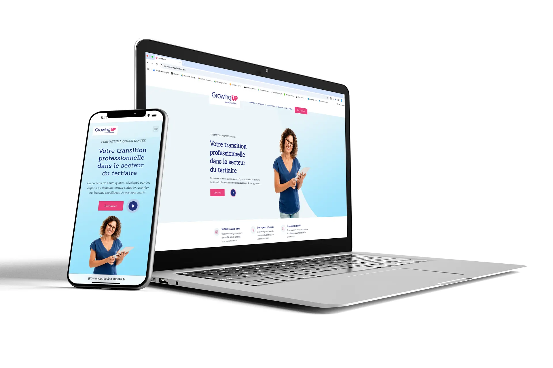 Maquette du site web Growing UP sur ordinateur et mobile