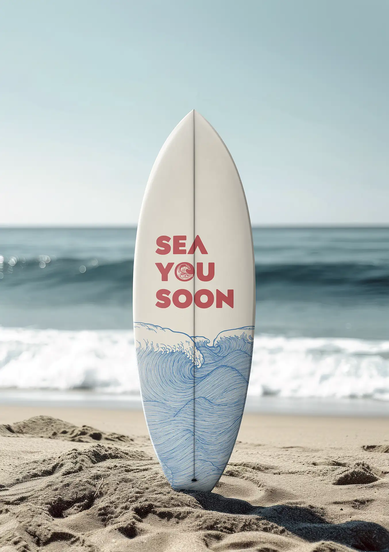 Planche de surf plantée dans le sable, décorée du logo "Sea You Soon" et d’illustrations de vagues bleues, en bord de mer.